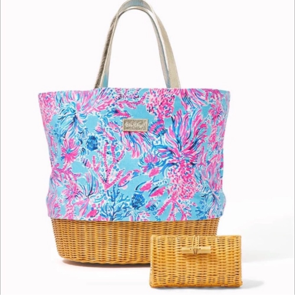 Lilly Pulitzer Wicker Canvas Tote & Case, Seek And Sea & It’s A Sailibration GWP